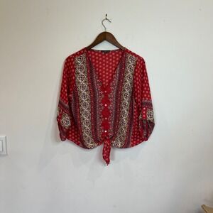 West Kei Red Boho Paisley Floral Tie Front Roll Tab Sleeve Blouse B011